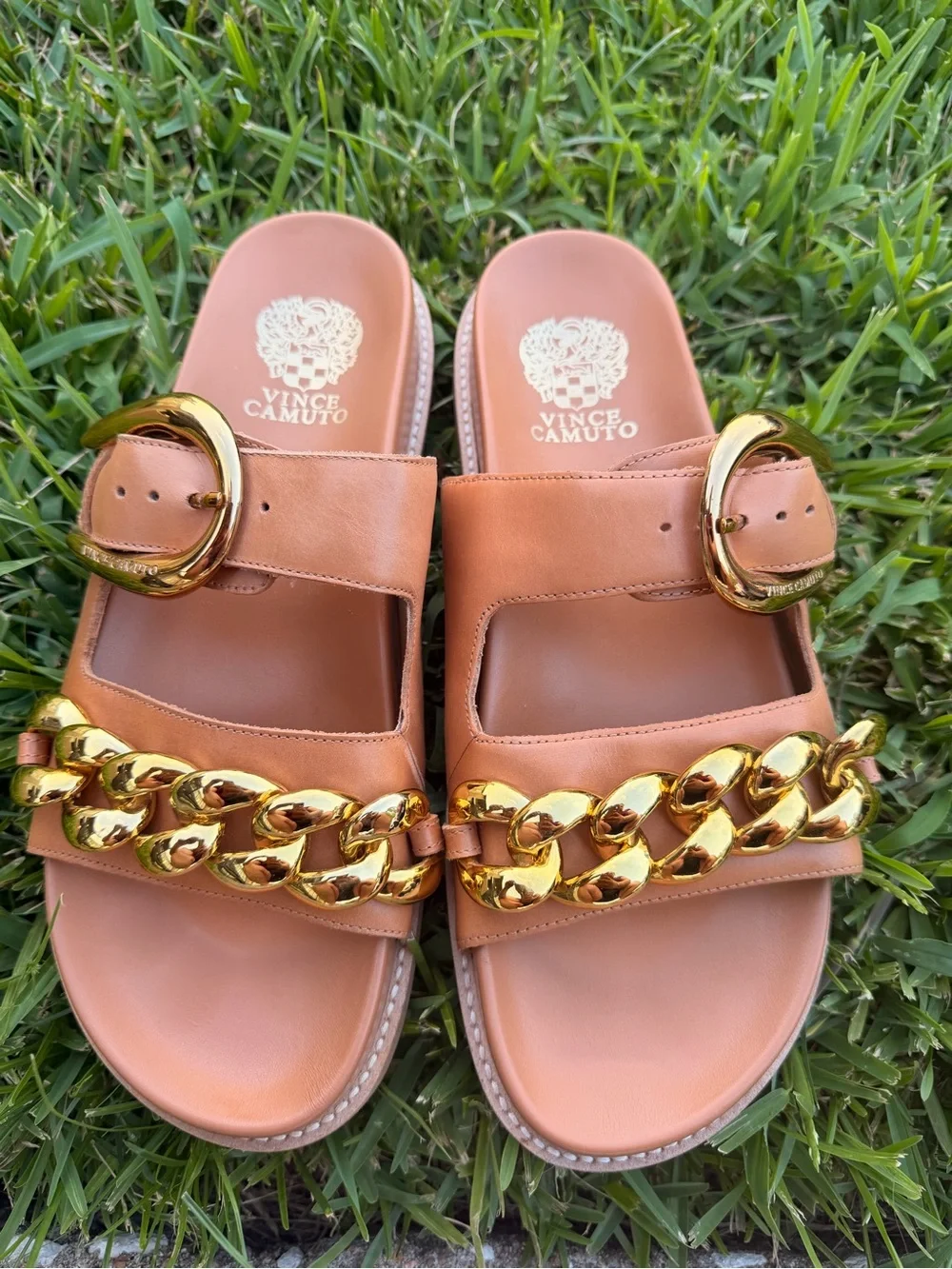 Vince Camuto Tan Leather Slide Sandals with Gold Chain - Picture 2 of 5